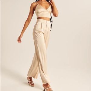 Abercrombie Satin Tailored Wide Leg Pants in cream